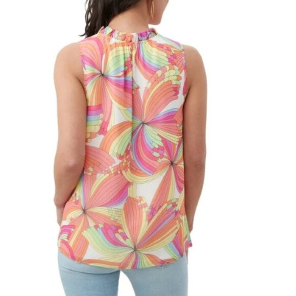 Trina Turk‎ Verbenia Sleeveless Abstract-Print Ruffle Top Medium Pink Orange - Picture 2 of 7